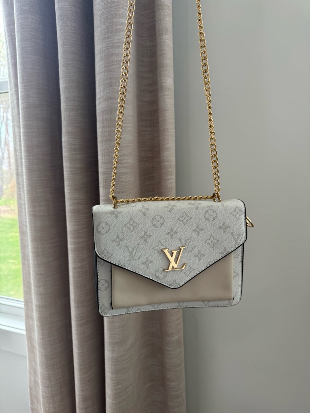 White and Beige Monogram Chain Crossbody Bag